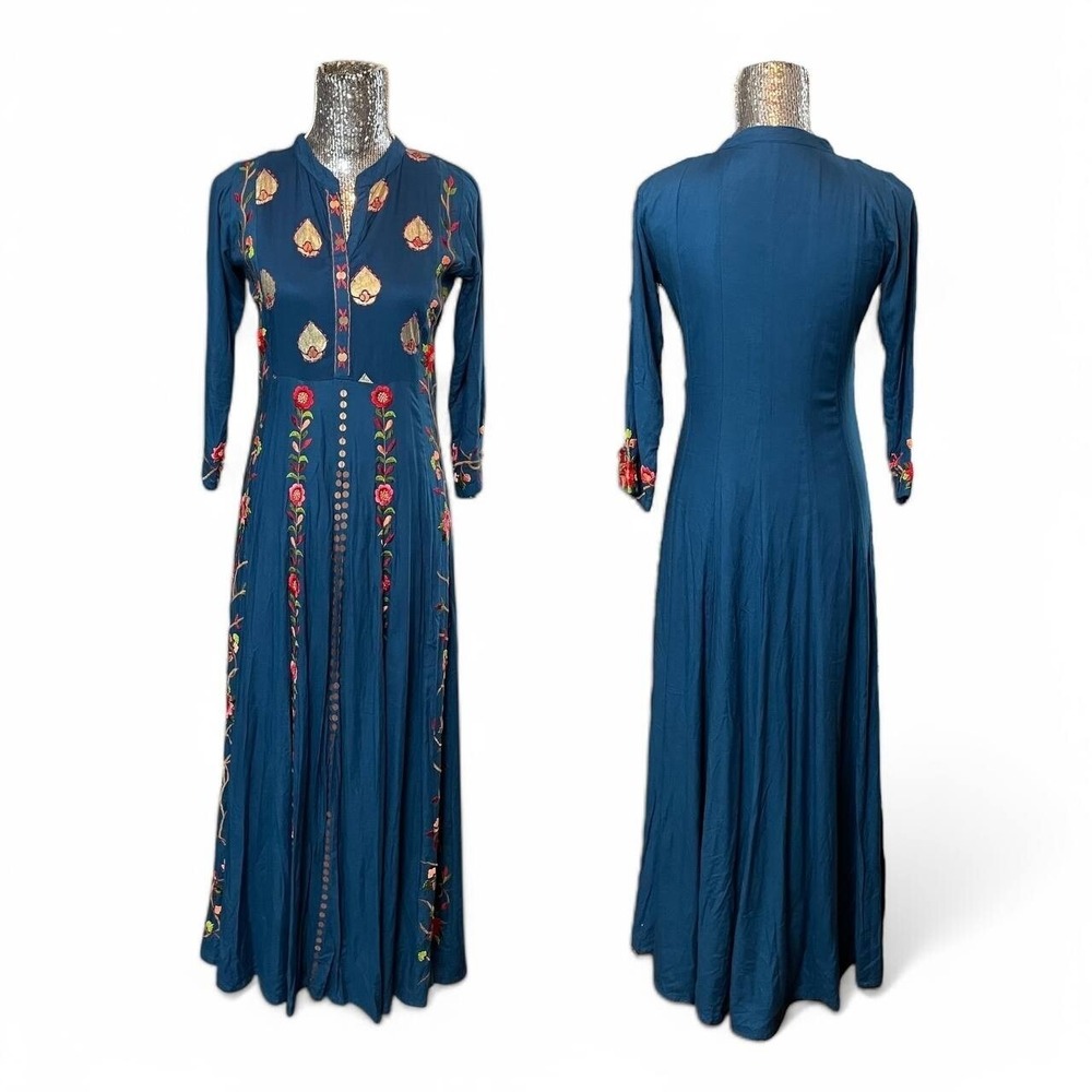 Boho Embroidered Maxi Dress Long Sleeze Blue Floral Fit Flare Size 38 Ethnic‎